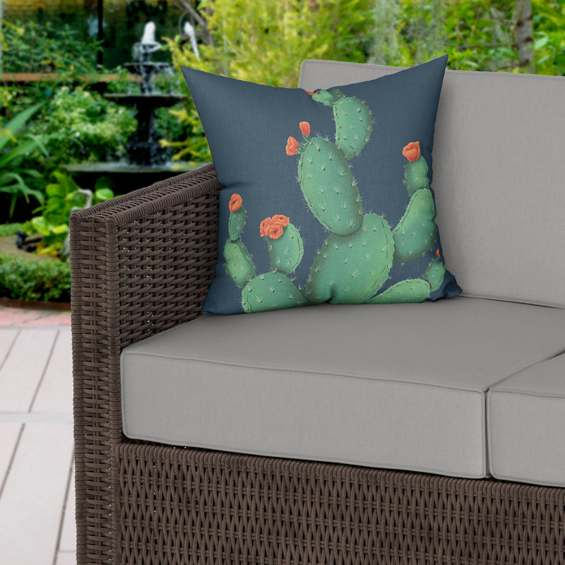 Prickly Pear Print Blue Water Resistant Garden Outdoor Cushion - Handmade Homeware, Made in Britain - Windsor and White