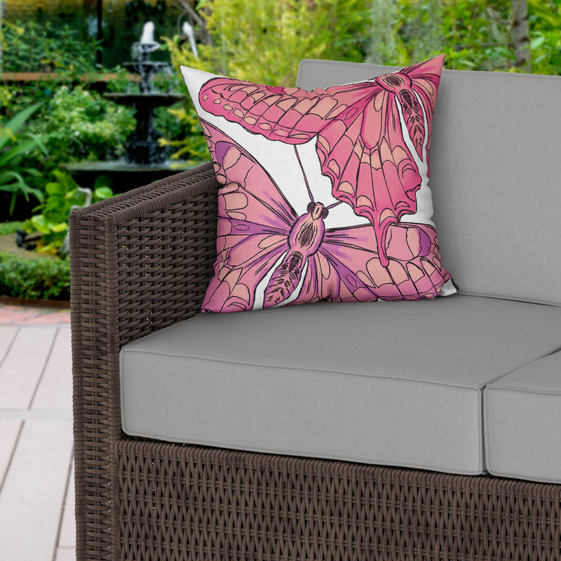 Pink Butterflies Water Resistant Garden Outdoor Cushion - Handmade Homeware, Made in Britain - Windsor and White