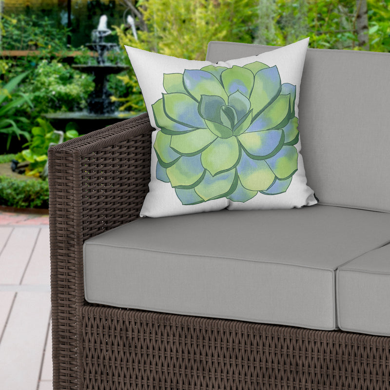 Green Succulent White Water Resistant Garden Outdoor Cushion - Handmade Homeware, Made in Britain - Windsor and White