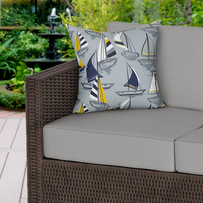 Grey Nautical Sailboats Water Resistant Garden Outdoor Cushion - Handmade Homeware, Made in Britain - Windsor and White