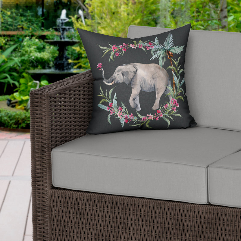 Painted Elephant Print Water Resistant Garden Outdoor Cushion - Handmade Homeware, Made in Britain - Windsor and White