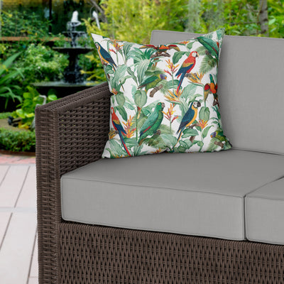 Tropical Birds White Water Resistant Garden Outdoor Cushion - Handmade Homeware, Made in Britain - Windsor and White