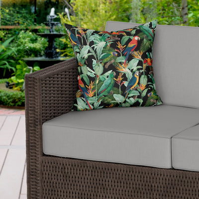 Tropical Birds Black Water Resistant Garden Outdoor Cushion - Handmade Homeware, Made in Britain - Windsor and White