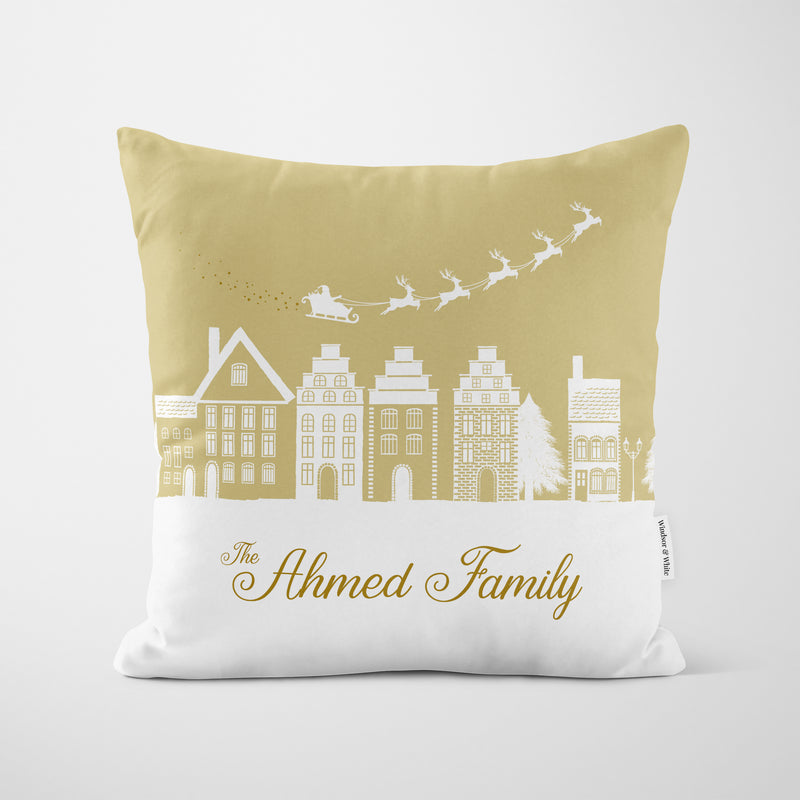 Personalised Gold Village Christmas Cushion