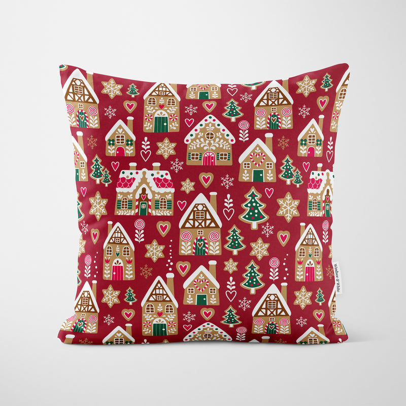 Red Gingerbread House Christmas Cushion