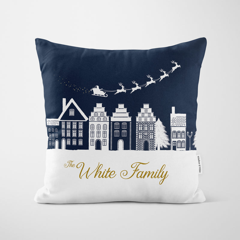 Personalised Blue Village Christmas Cushion