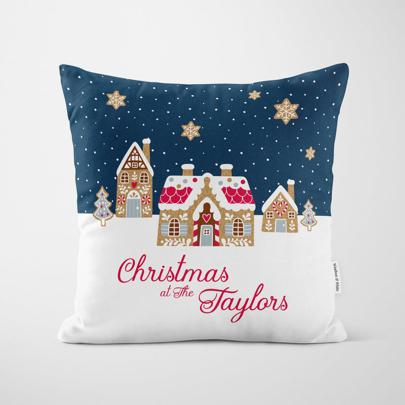 Personalised Blue Gingerbread House Cushion