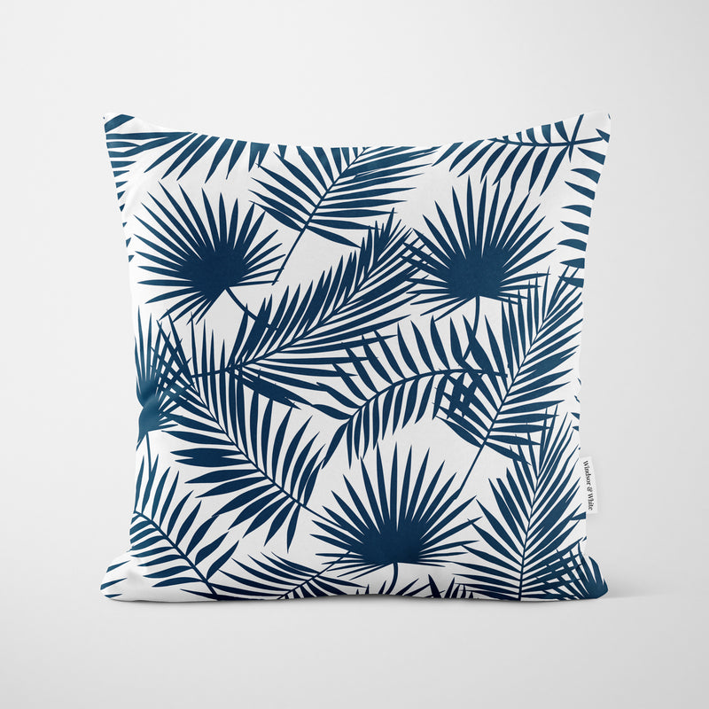 Palm Leaves Navy Blue Cushion - Handmade Homeware, Made in Britain - Windsor and White