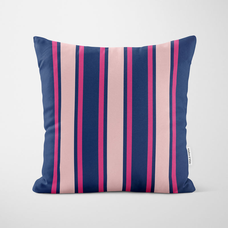 Navy Pink Wide Regimental Stripe Cushion - Handmade Homeware, Made in Britain - Windsor and White