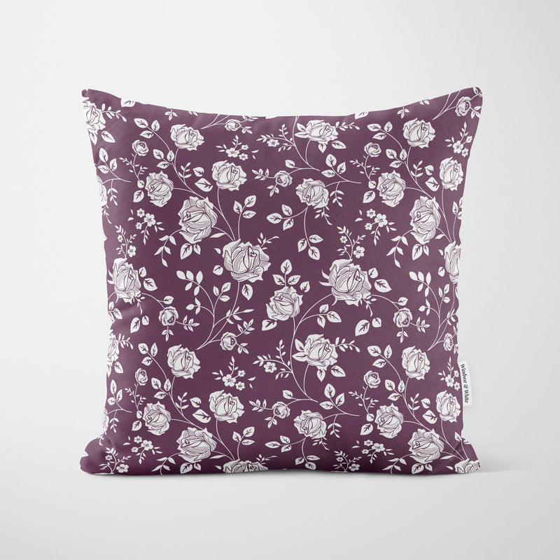 Dark Purple Rose Stencil Pattern Cushion - Handmade Homeware, Made in Britain - Windsor and White