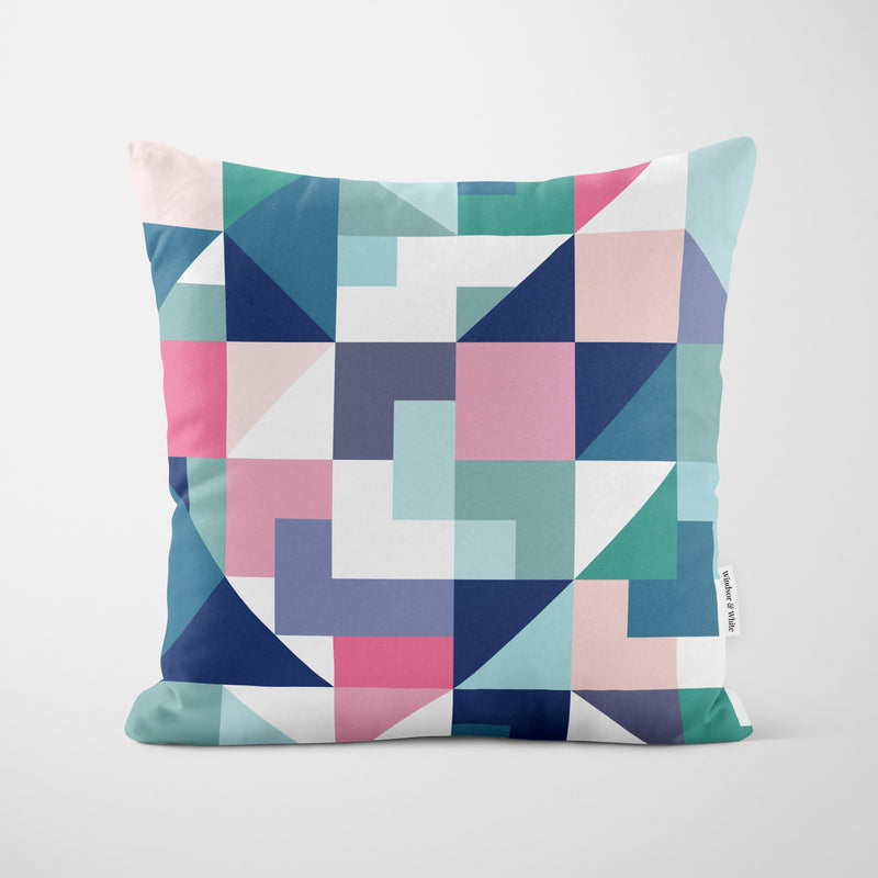 Teal Pink Geometric Mosaic Cushion - Handmade Homeware, Made in Britain - Windsor and White