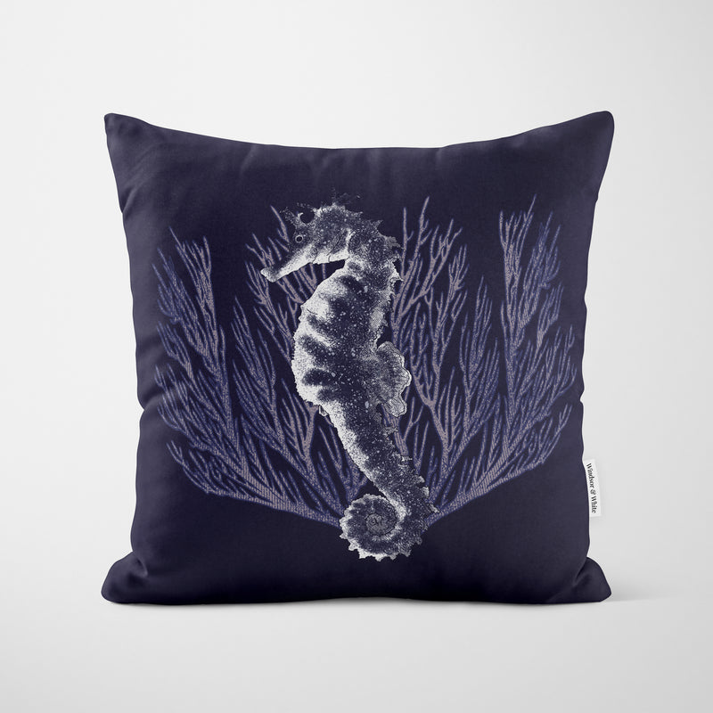 Navy Blue Seahorse Coral Print Cushion - Handmade Homeware, Made in Britain - Windsor and White