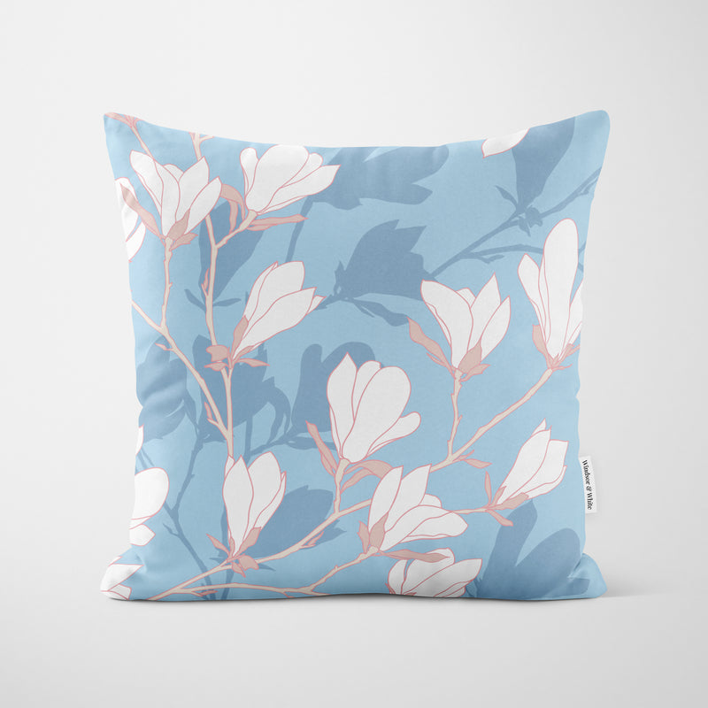 Light Blue Magnolia Flowers Cushion - Handmade Homeware, Made in Britain - Windsor and White