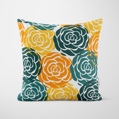 Rose Stamp Orange Green Cushion - Handmade Homeware, Made in Britain - Windsor and White