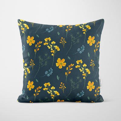 Navy Whimsical Yellow Floral Cushion - Handmade Homeware, Made in Britain - Windsor and White