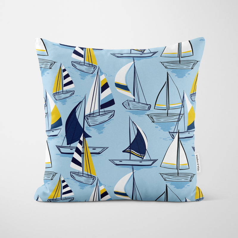 Blue Nautical Sailing Boats Cushion - Handmade Homeware, Made in Britain - Windsor and White