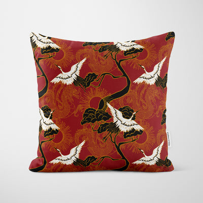 Crane & Dragon Pattern Red Cushion - Handmade Homeware, Made in Britain - Windsor and White