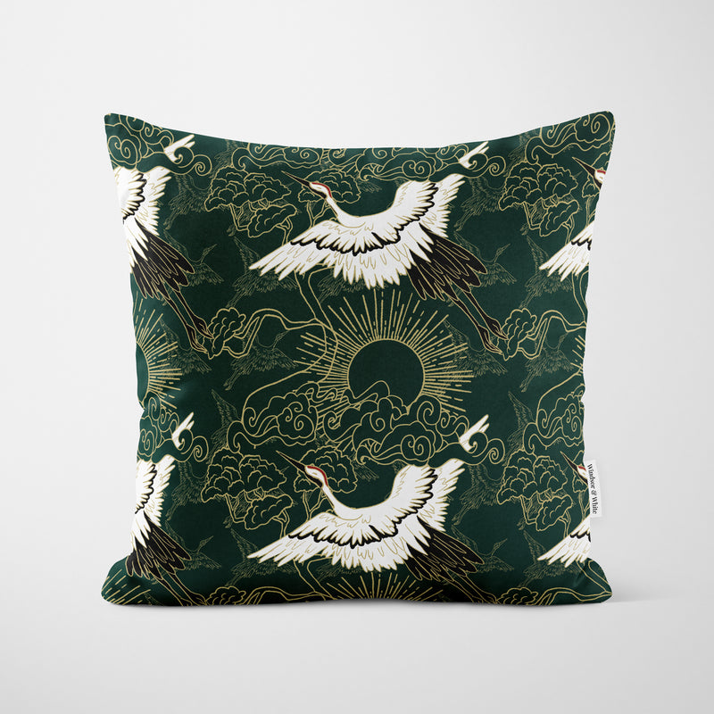 Flying Cranes Green Cushion - Handmade Homeware, Made in Britain - Windsor and White