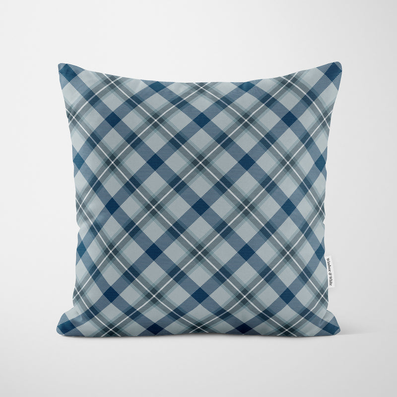 Grey Blue Modern Tartan Cushion - Handmade Homeware, Made in Britain - Windsor and White