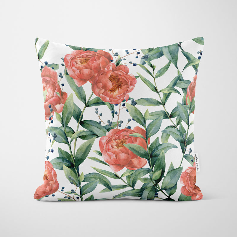 Orange Peony Floral Cushion - Handmade Homeware, Made in Britain - Windsor and White