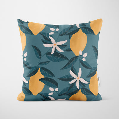 Lemon Tree Flower Print Blue Cushion - Handmade Homeware, Made in Britain - Windsor and White