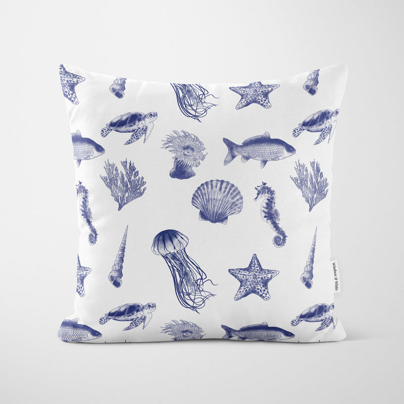 Blue Sea Life Print White Cushion - Handmade Homeware, Made in Britain - Windsor and White