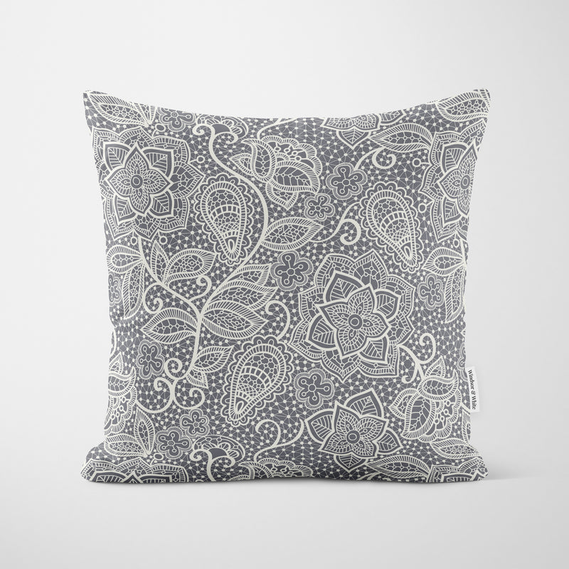 Dark Grey Floral Lace Cushion - Handmade Homeware, Made in Britain - Windsor and White