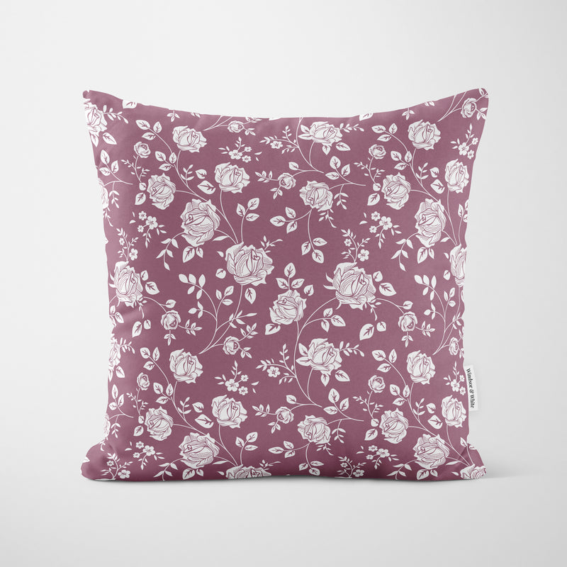 Mauve Rose Stencil Pattern Cushion - Handmade Homeware, Made in Britain - Windsor and White