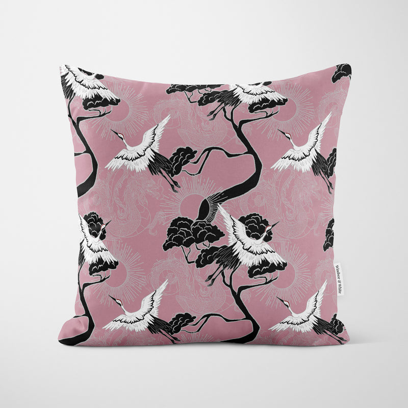 Crane & Dragon Pattern Pink Cushion - Handmade Homeware, Made in Britain - Windsor and White