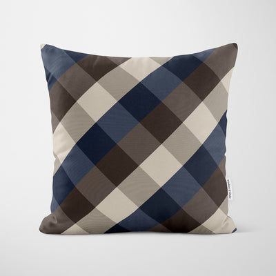 Modern Plaid Brown Navy Cushion - Handmade Homeware, Made in Britain - Windsor and White