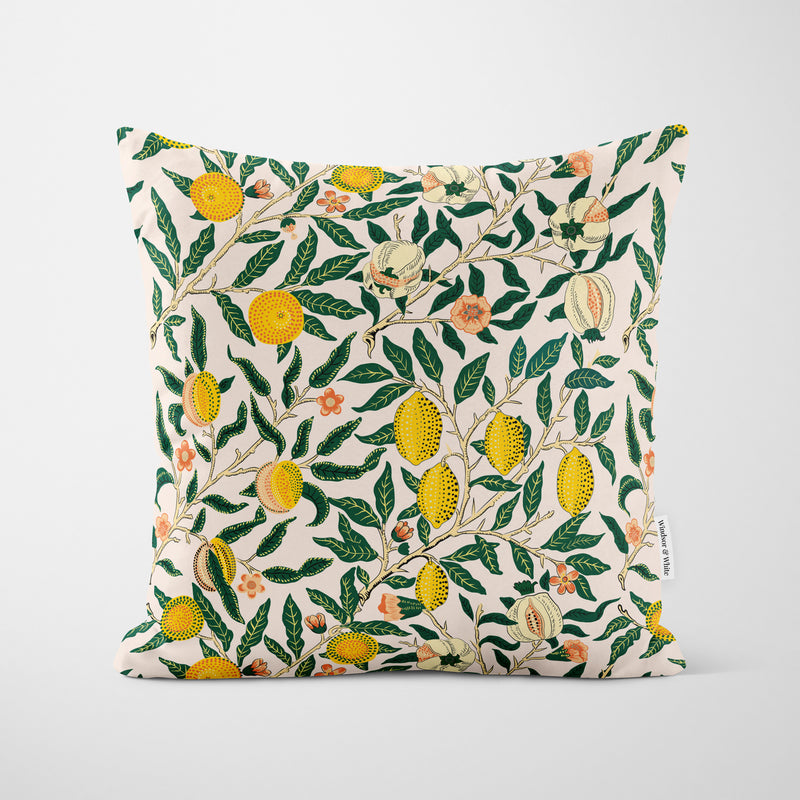 William Morris Fruit Print Yellow Cushion - Handmade Homeware, Made in Britain - Windsor and White