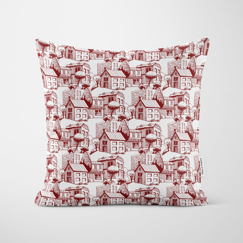 Burgundy White Town Pattern Cushion - Handmade Homeware, Made in Britain - Windsor and White