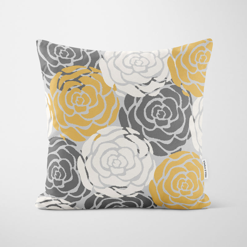 Rose Stamp Gold White Cushion - Handmade Homeware, Made in Britain - Windsor and White