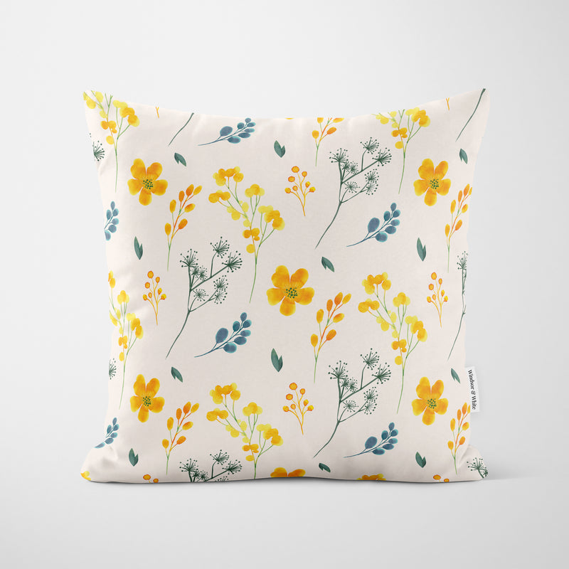 Cream Whimsical Yellow Flowers Cushion - Handmade Homeware, Made in Britain - Windsor and White