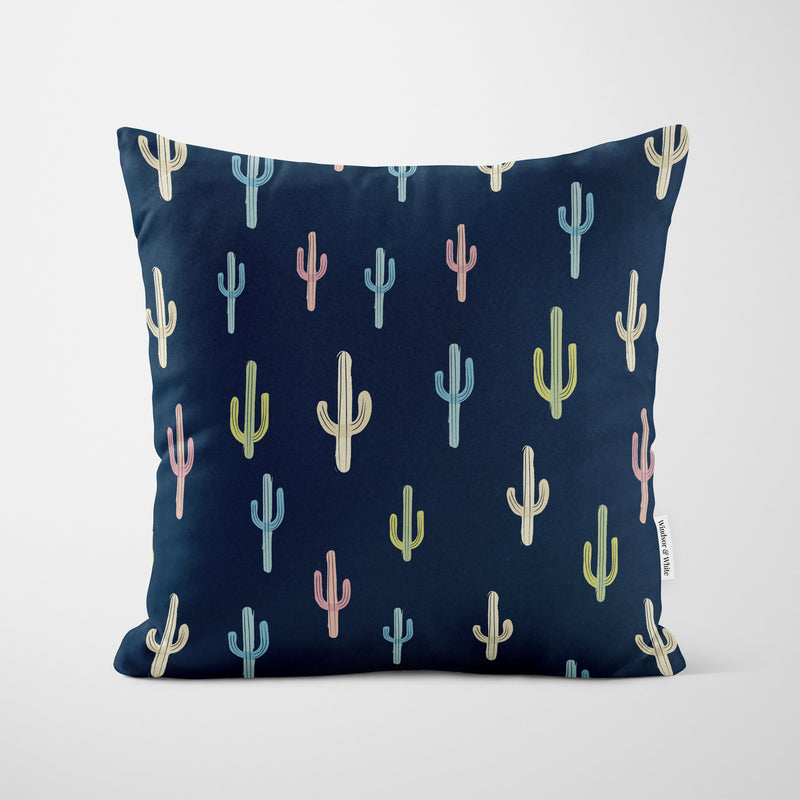 Navy Blue Cactus Pattern Cushion - Handmade Homeware, Made in Britain - Windsor and White