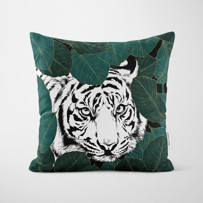 Green Leaves Mono Tiger Cushion - Handmade Homeware, Made in Britain - Windsor and White