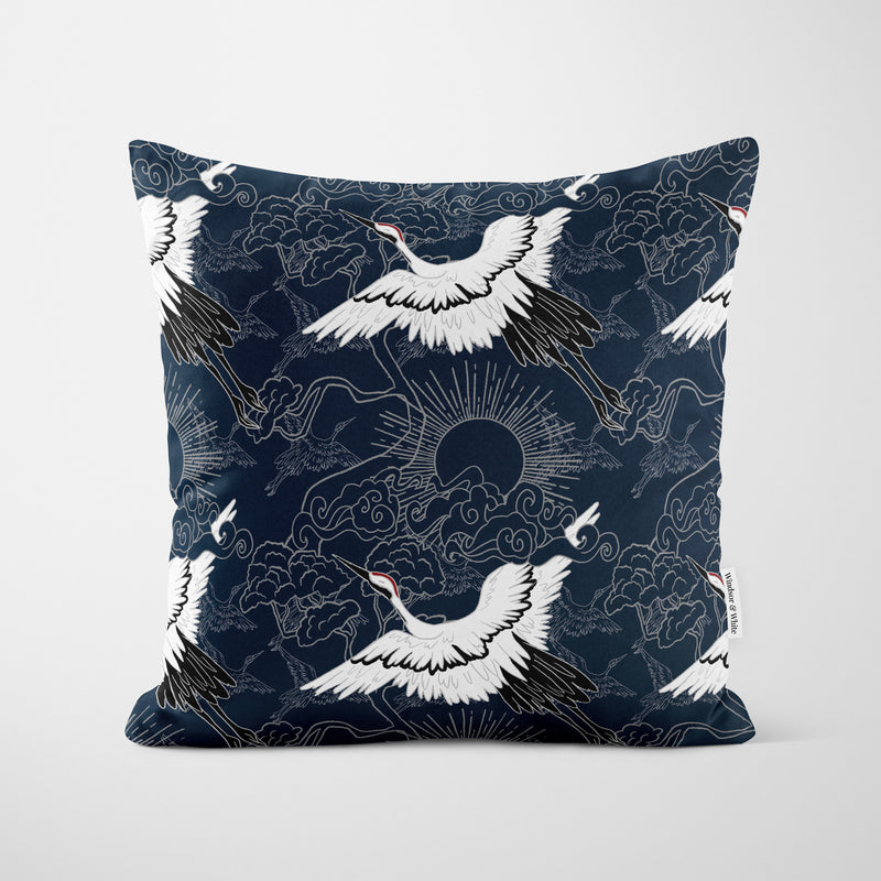 Flying Cranes Navy Blue Cushion - Handmade Homeware, Made in Britain - Windsor and White