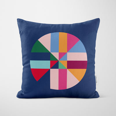 Retro Colourful Circle Blue Cushion - Handmade Homeware, Made in Britain - Windsor and White