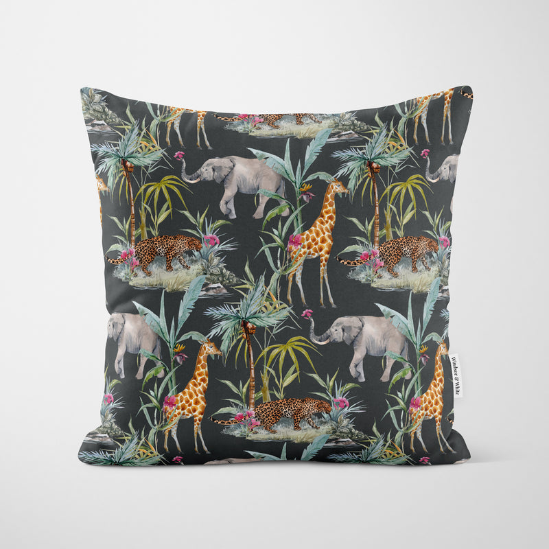 Tropical Safari Charcoal Cushion - Handmade Homeware, Made in Britain - Windsor and White