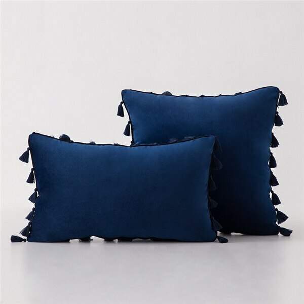 Navy Blue Velvet Tassle Cushion - Handmade Homeware, Made in Britain - Windsor and White