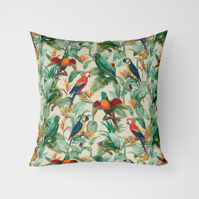 Tropical Birds Beige Water Resistant Garden Outdoor Cushion - Handmade Homeware, Made in Britain - Windsor and White