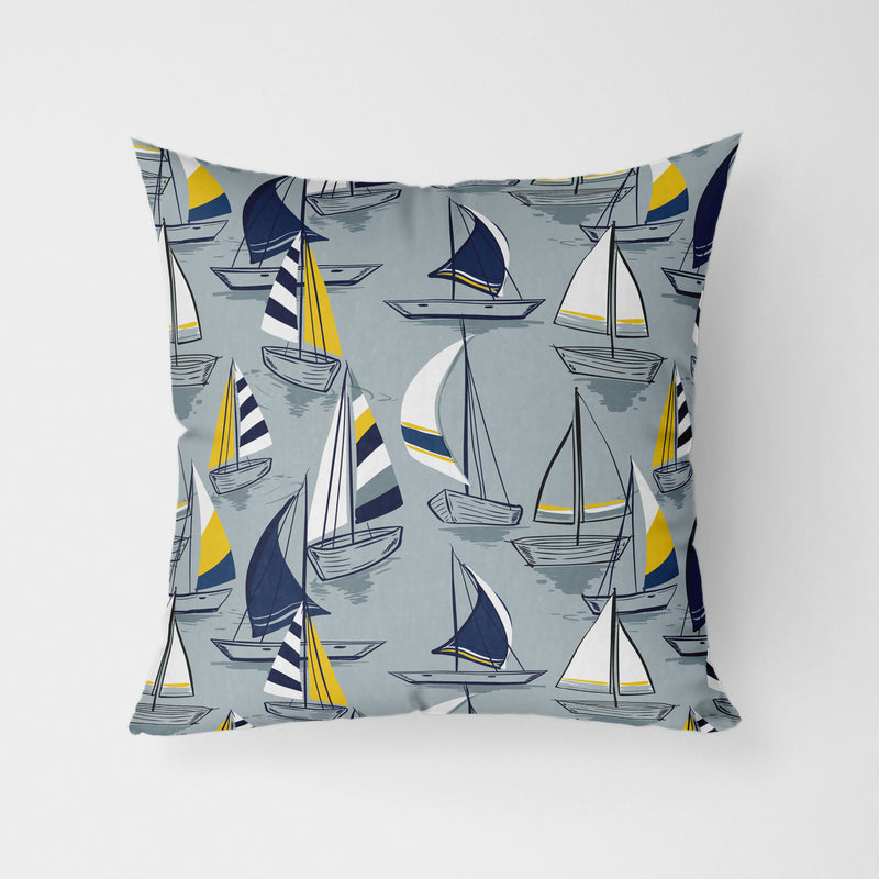 Grey Nautical Sailboats Water Resistant Garden Outdoor Cushion - Handmade Homeware, Made in Britain - Windsor and White