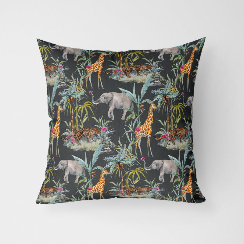 Tropical Safari Charcoal Water Resistant Garden Outdoor Cushion - Handmade Homeware, Made in Britain - Windsor and White