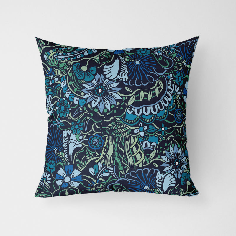 Botanical Blue Quirky Floral Water Resistant Garden Outdoor Cushion - Handmade Homeware, Made in Britain - Windsor and White