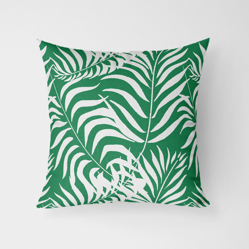 Palm Leaves On Green Water Resistant Garden Outdoor Cushion - Handmade Homeware, Made in Britain - Windsor and White