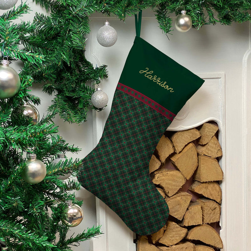 Personalised Christmas Stocking Green Tartan Hearts