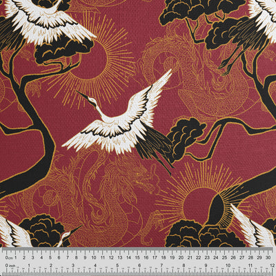 Crane & Dragon Pattern Red Fabric - Handmade Homeware, Made in Britain - Windsor and White