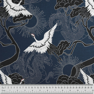 Crane & Dragon Pattern Blue Fabric - Handmade Homeware, Made in Britain - Windsor and White